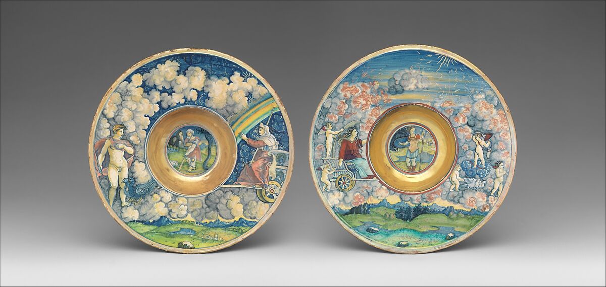 Wide-rimmed bowl with figures from Virgil's Aeneid, Workshop of Maestro Giorgio Andreoli (Italian (Gubbio), active first half of 16th century), Maiolica (tin-glazed earthenware), lustered, Italian, Gubbio