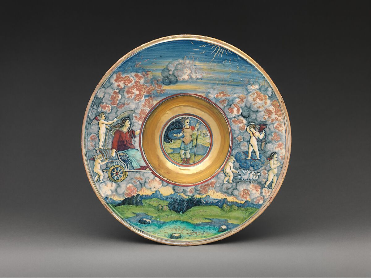 Wide-rimmed bowl depicting figures from Virgil's Aeneid, Workshop of Maestro Giorgio Andreoli (Italian (Gubbio), active first half of 16th century), Maiolica (tin-glazed earthenware), lustered, Italian, Gubbio 