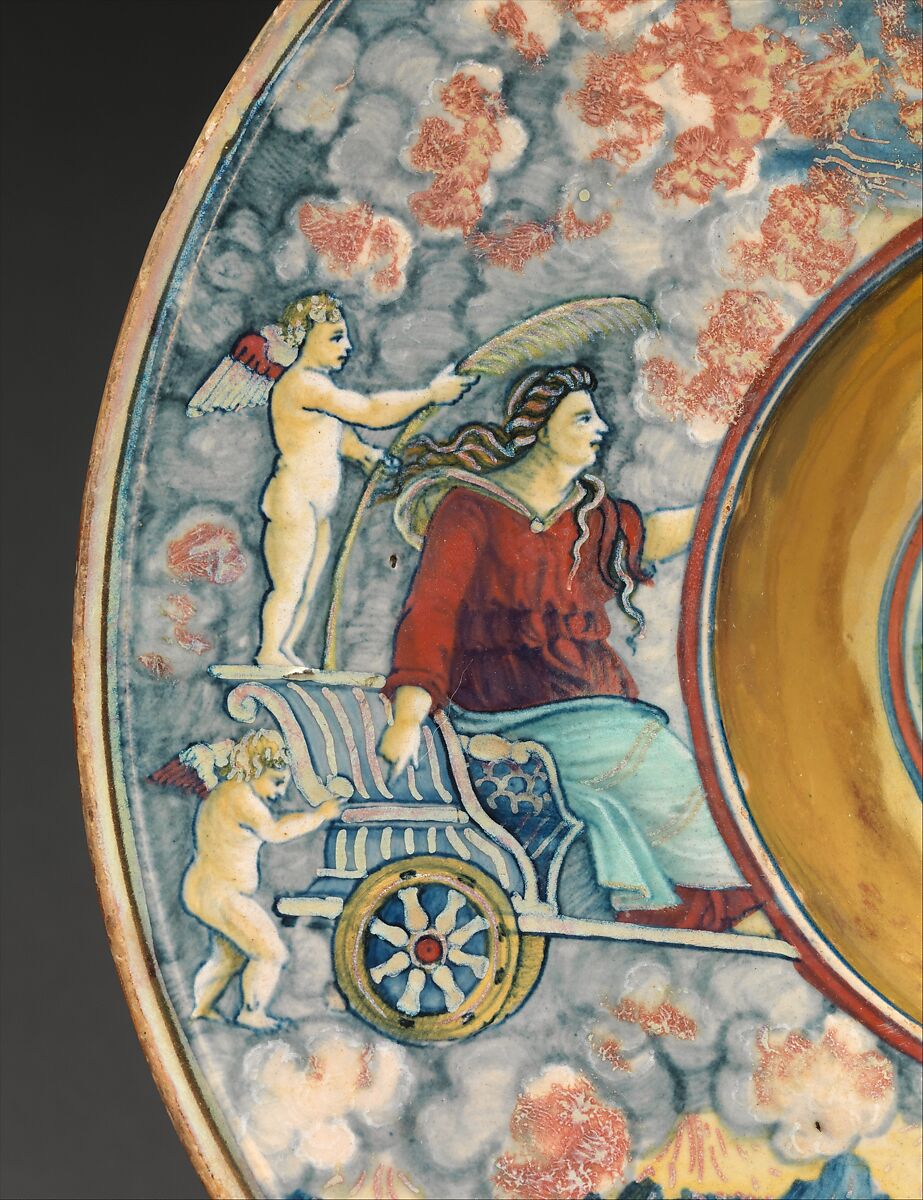 Wide-rimmed bowl depicting figures from Virgil's Aeneid, Workshop of Maestro Giorgio Andreoli (Italian (Gubbio), active first half of 16th century), Maiolica (tin-glazed earthenware), lustered, Italian, Gubbio