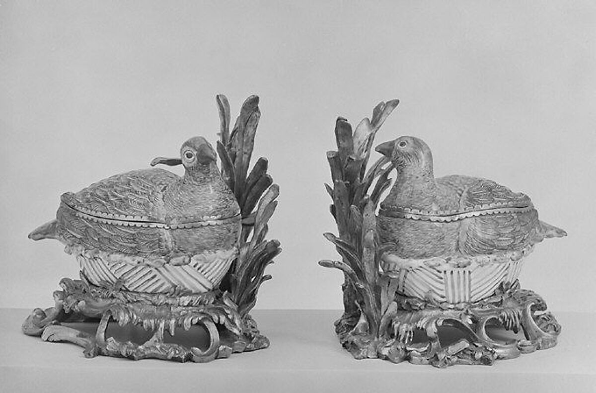 Pair of dishes in the form of quails, Ferrat Manufactory, Faience (tin-glazed earthenware); gilt-bronze mounts, French, Moustiers 