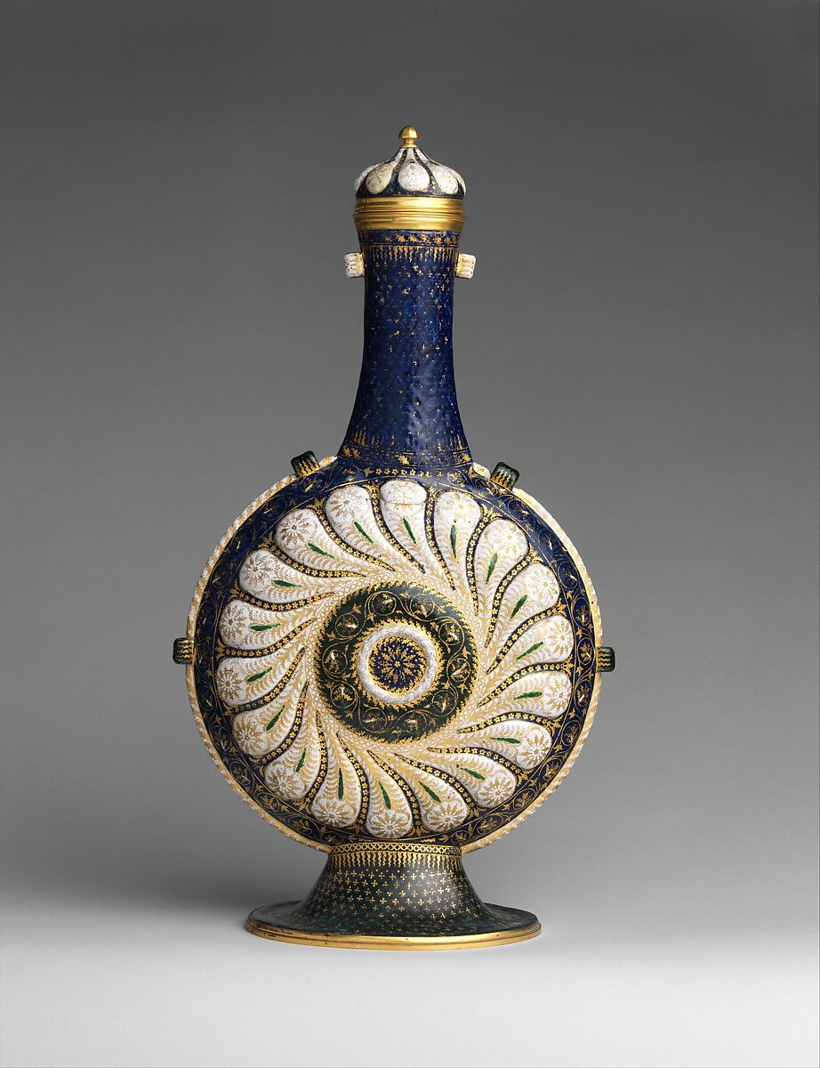Pilgrim bottle with cover, Painted enamel on copper, partly gilt; gilt-brass, Italian, Venice