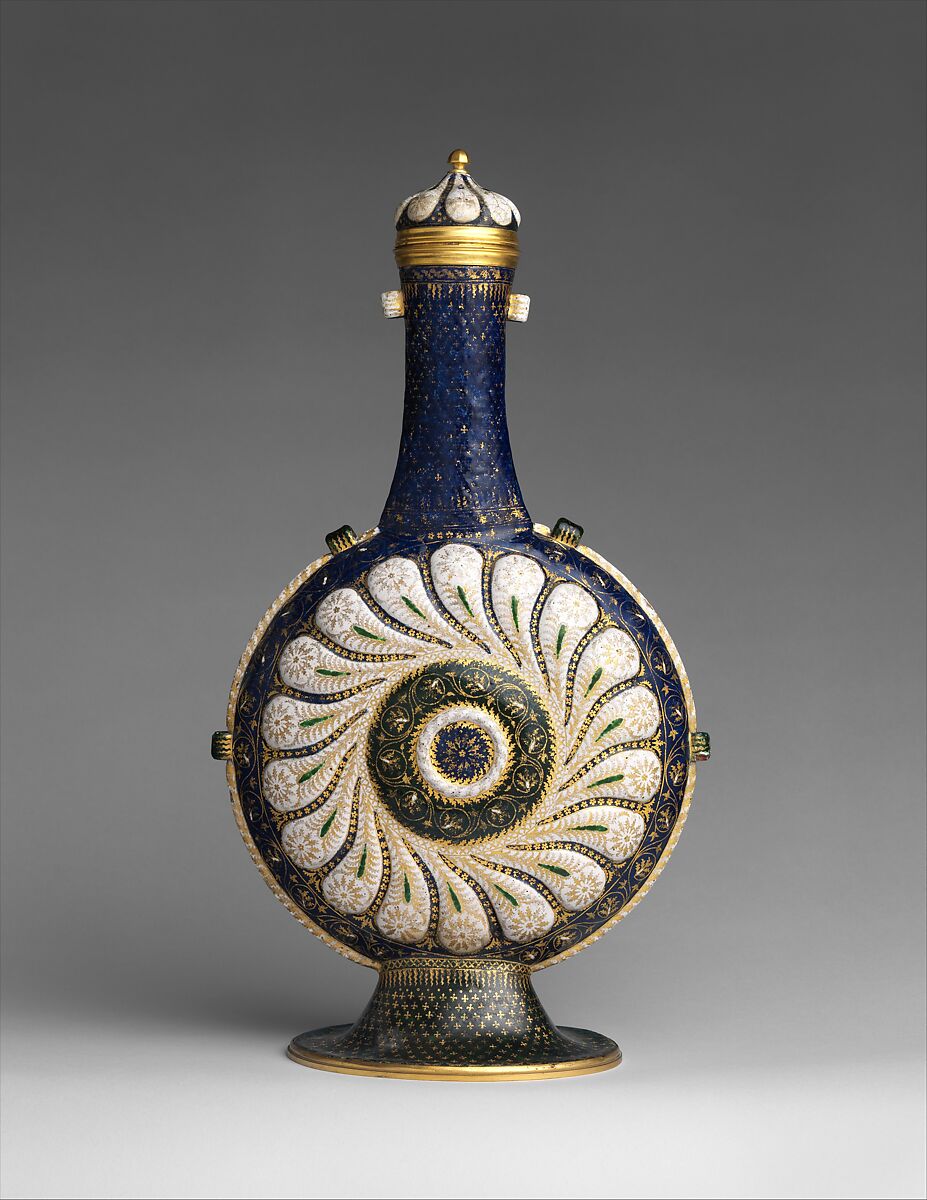 Pilgrim bottle with cover, Painted enamel on copper, partly gilt; gilt-brass, Italian, Venice 