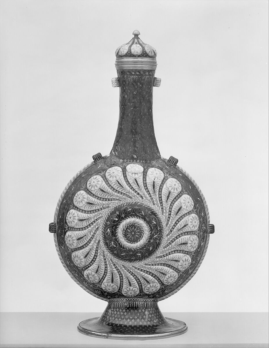 Pilgrim bottle with cover, Painted enamel on copper, partly gilt; gilt-brass, Italian, Venice
