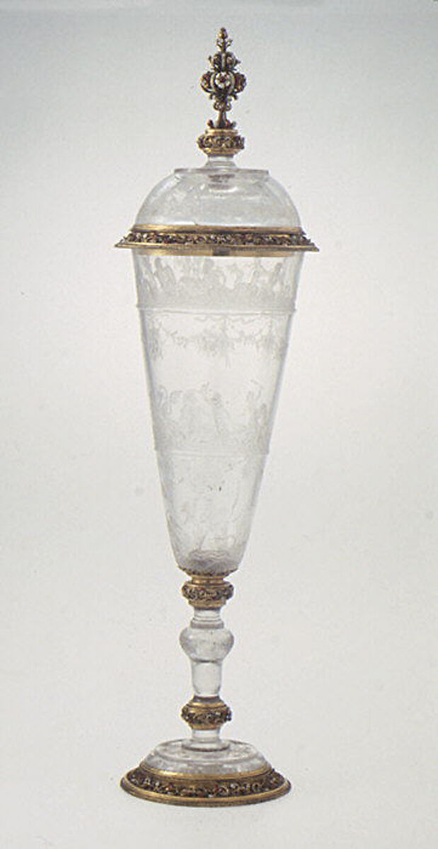 Standing cup with cover, Mounts after a design by Reinhold Vasters (German, Erkelenz 1827–1909 Aachen), Rock crystal, gold, enamel, probably French 