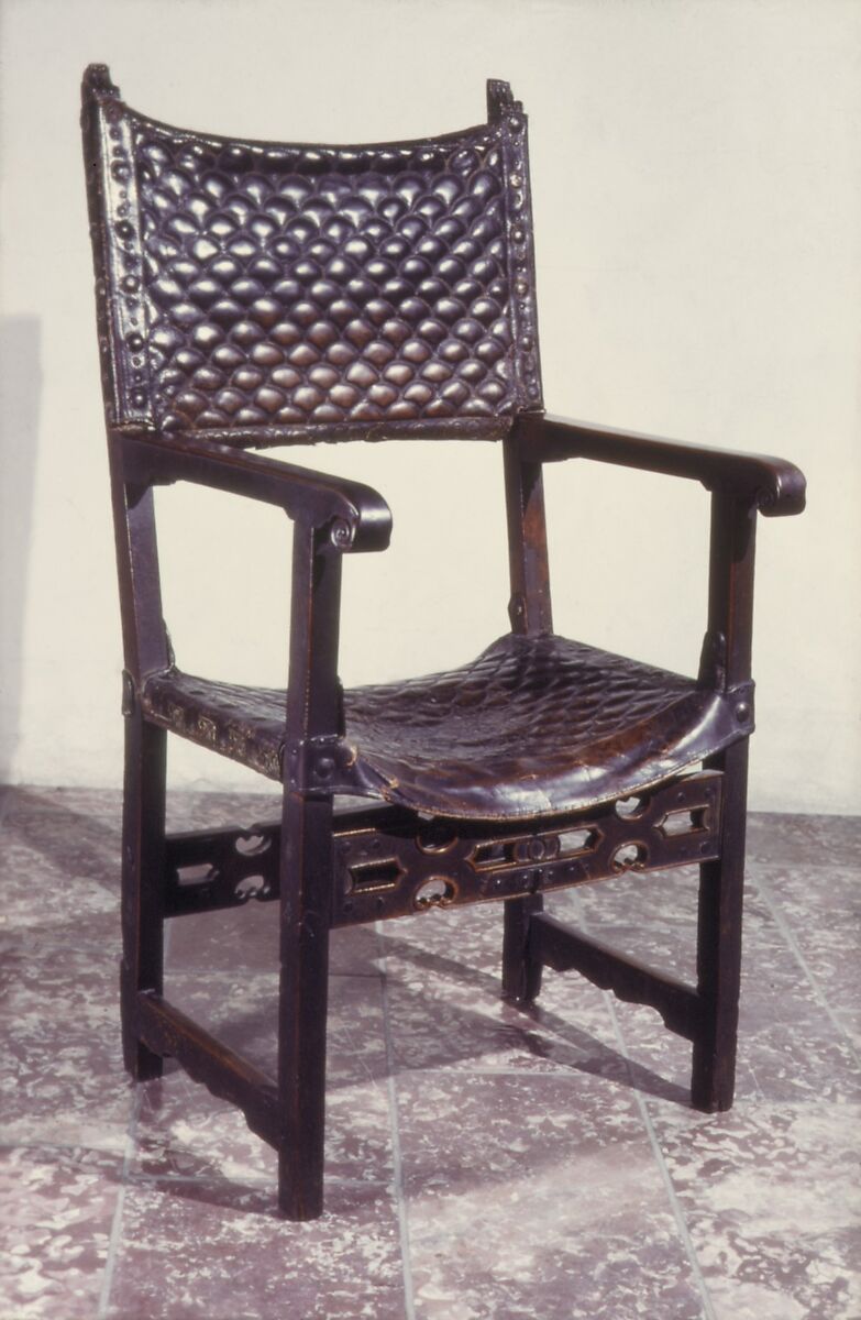 Folding armchair, Walnut, leather, Spanish 