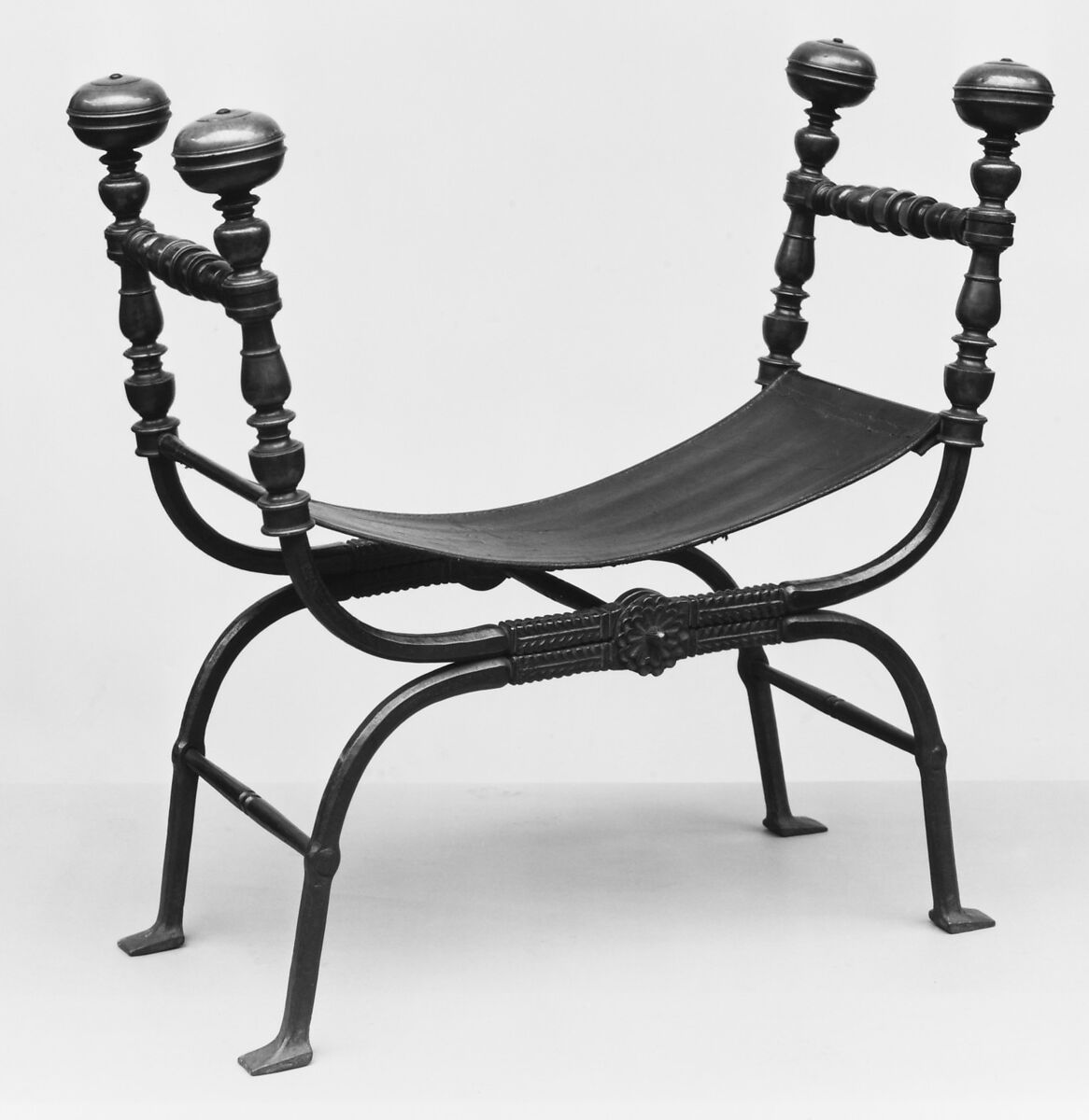 Folding stool, Iron, brass, leather, Italian 