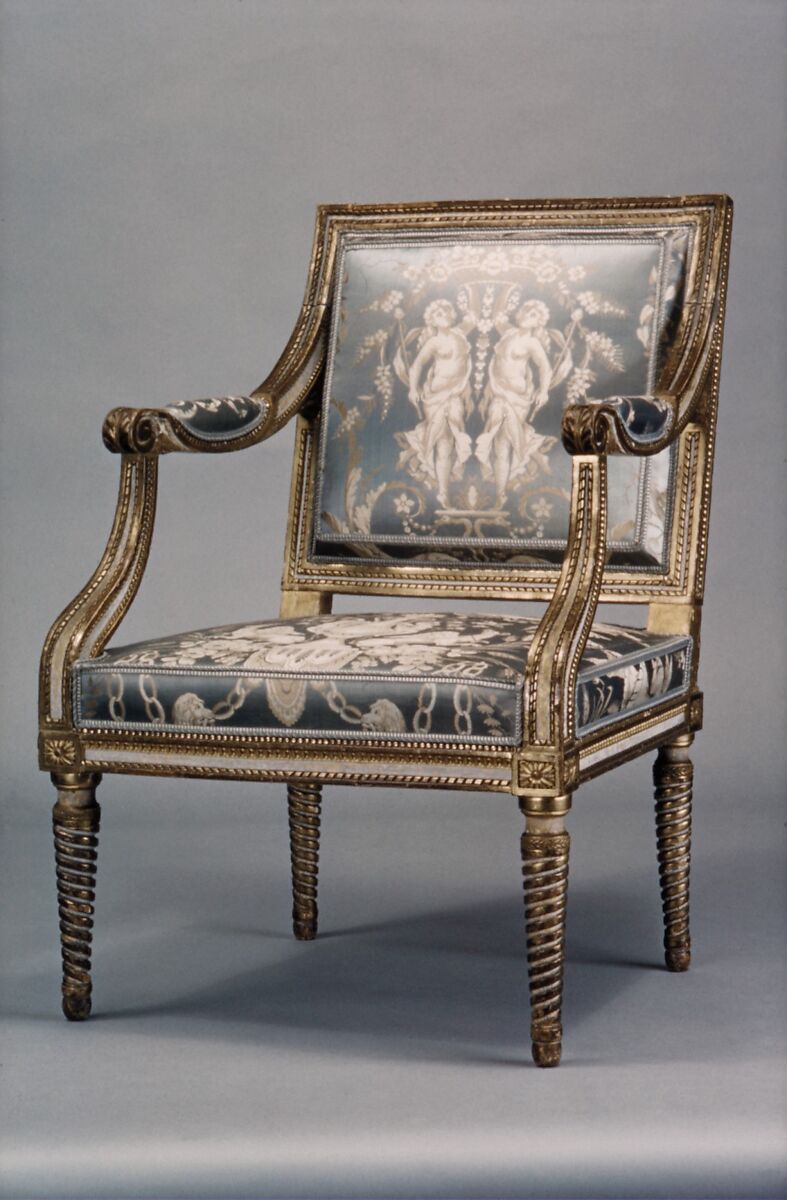 Armchair, Sulpice Brizard (ca. 1735–after 1798, master 1762), Carved, painted and gilded beech, French, Paris 