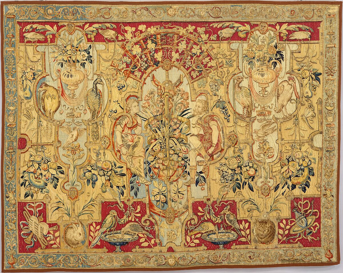 Panel with grotesques, from a set of bed hangings, related to the prints of Cornelis Floris II (Netherlandish, Antwerp before 1514–1575 Antwerp), Silk, wool, silver and silver-gilt thread (20-22 warps per inch, 8-9 per cm.), Netherlandish, Brussels 