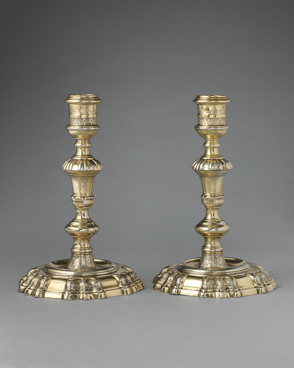 Pair of candlesticks, John Gould (entered 1739), Silver gilt, British, London 