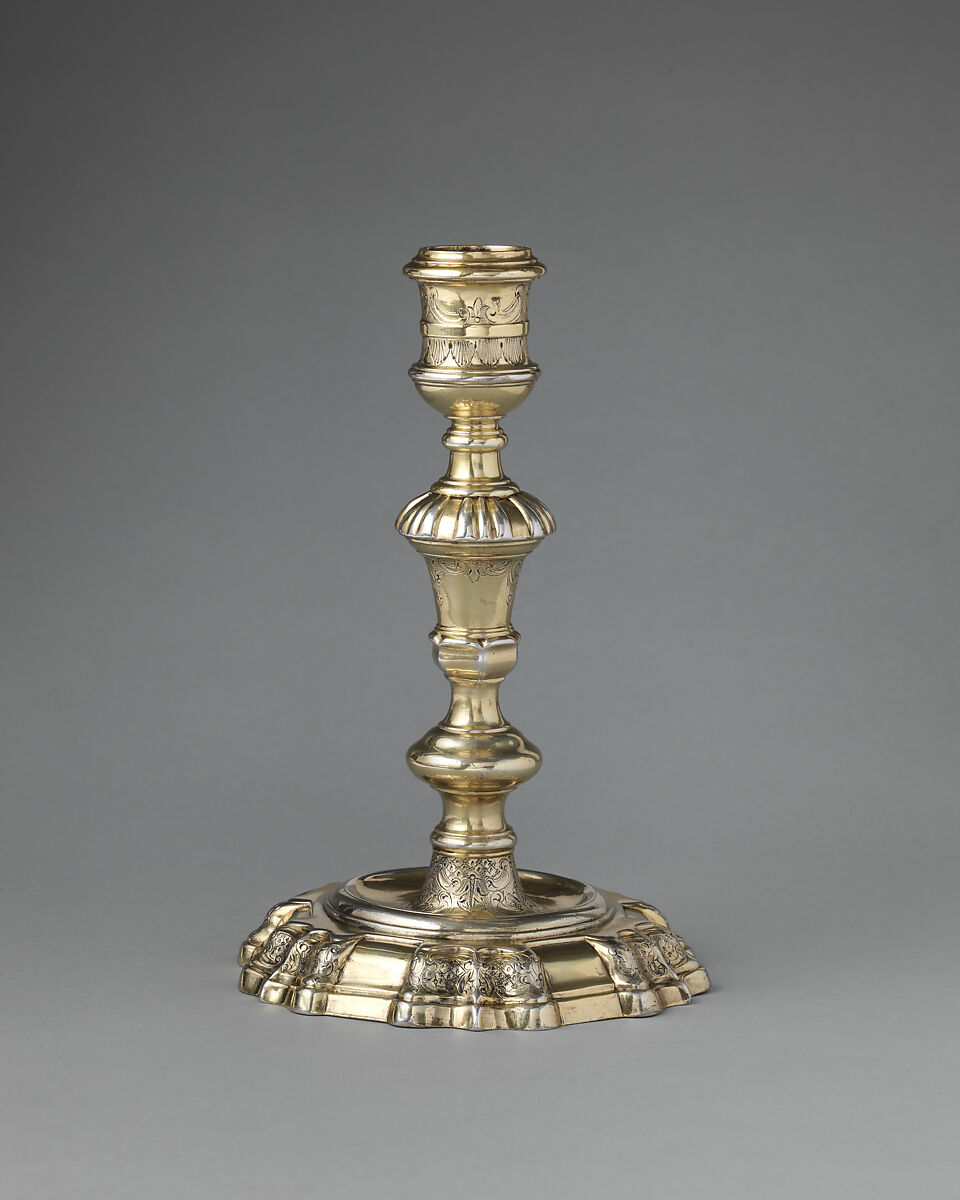 Pair of candlesticks, John Gould (entered 1739), Silver gilt, British, London