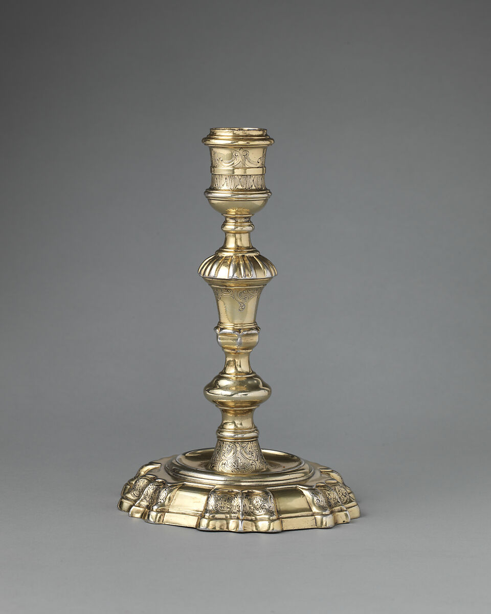 Pair of candlesticks, John Gould (entered 1739), Silver gilt, British, London