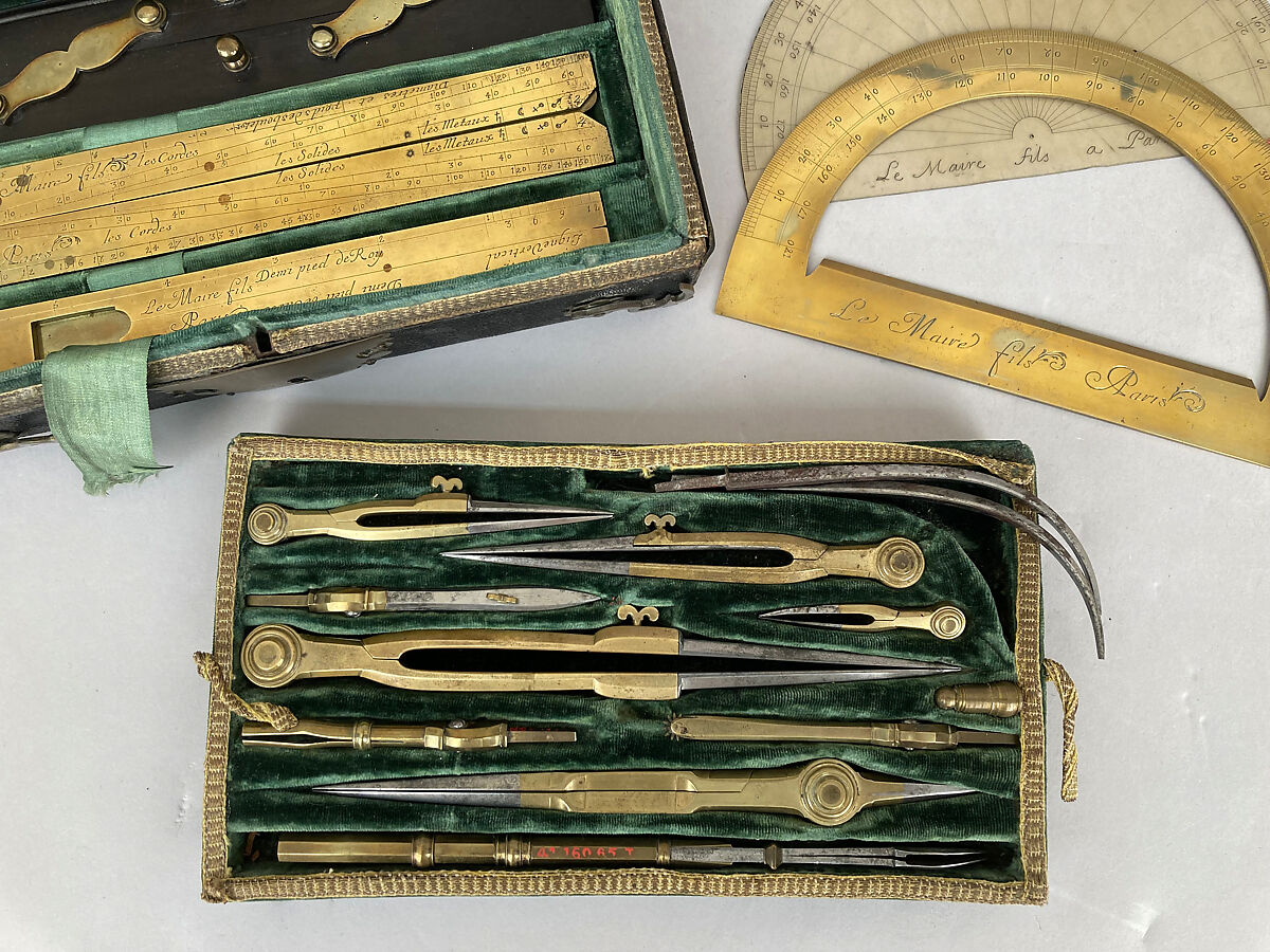 Draughtsman's instruments, Le Maire fils, Brass, wood, steel, French, Paris