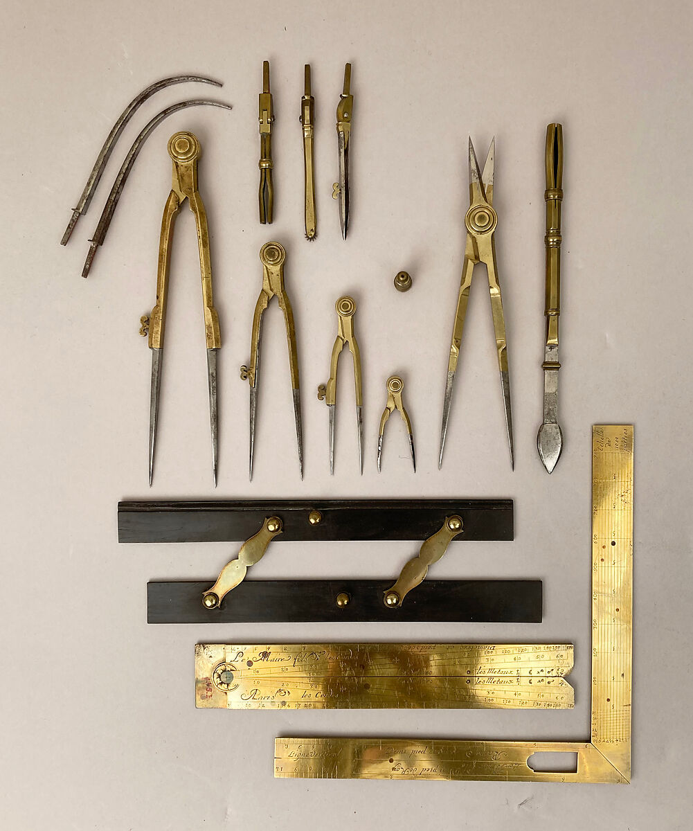 Draughtsman's instruments, Le Maire fils, Brass, wood, steel, French, Paris