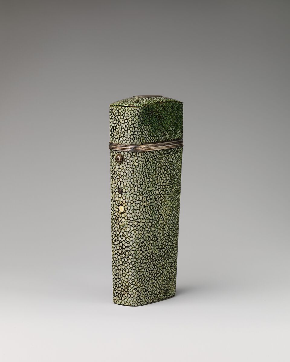 Pocket set of drawing instruments, probably Peter Dollond (1730–1820), Case: shagreen with silver mounts; Instruments: brass, steel, ivory, British, London