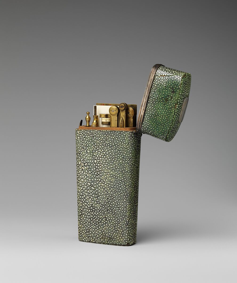 Pocket set of drawing instruments, probably Peter Dollond (1730–1820), Case: shagreen with silver mounts; Instruments: brass, steel, ivory, British, London