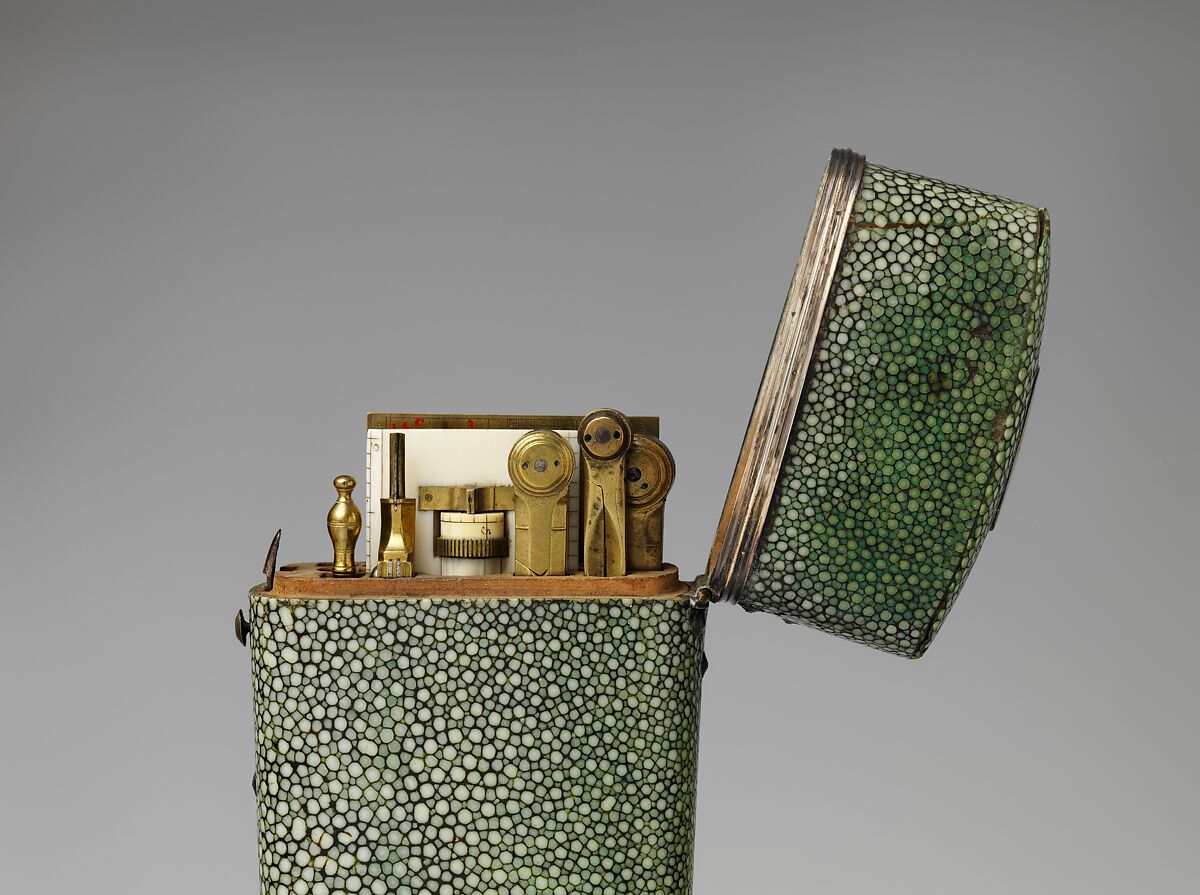 Pocket set of drawing instruments, probably Peter Dollond (1730–1820), Case: shagreen with silver mounts; Instruments: brass, steel, ivory, British, London