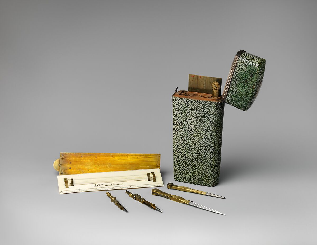 Pocket set of drawing instruments, probably Peter Dollond (1730–1820), Case: shagreen with silver mounts; Instruments: brass, steel, ivory, British, London 