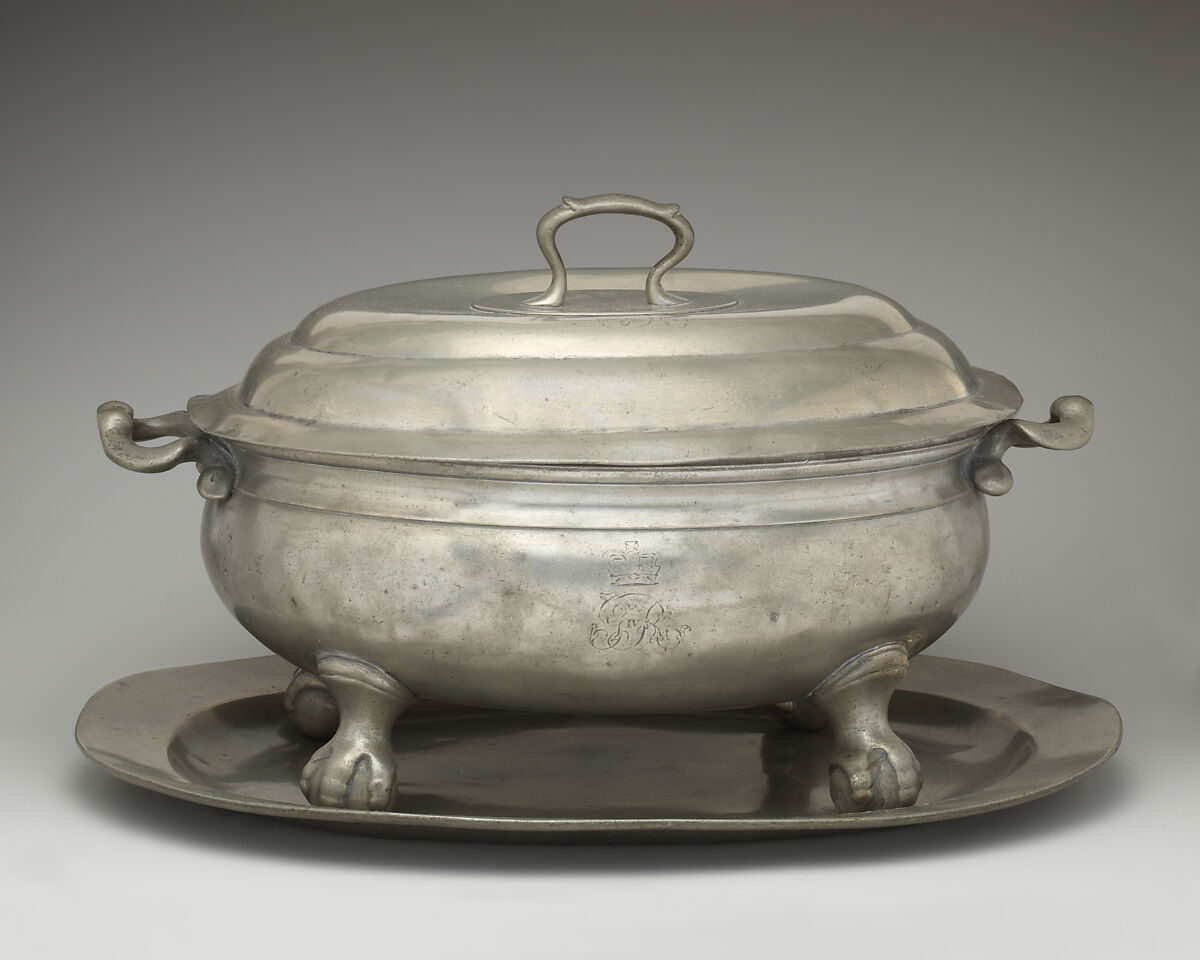 Tureen with cover and tray, Thomas Alderson (ca. 1790–1825), Pewter, British, London 