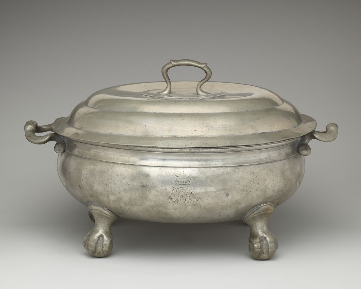 Tureen with cover and tray, Thomas Alderson (ca. 1790–1825), Pewter, British, London