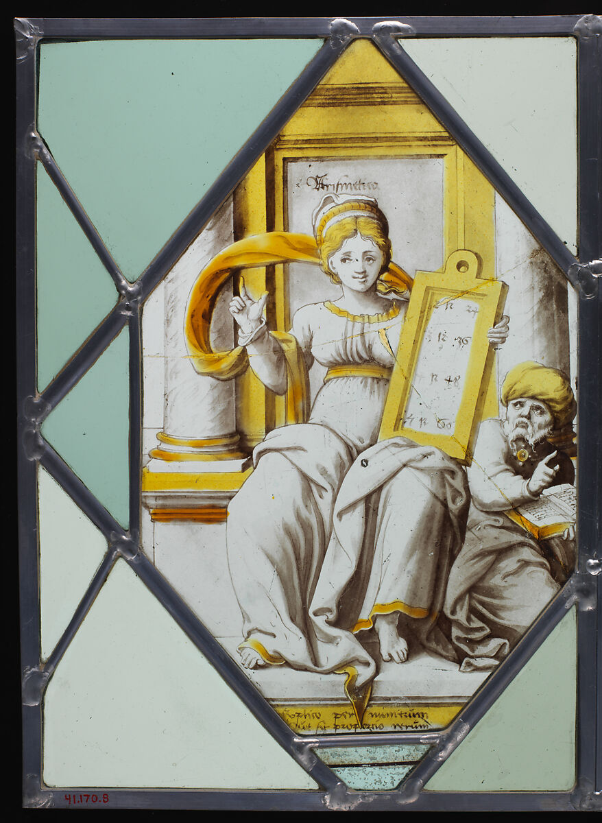 Figure of Arithmetic with Pythagoras (one of a pair), Stained glass, possibly British 