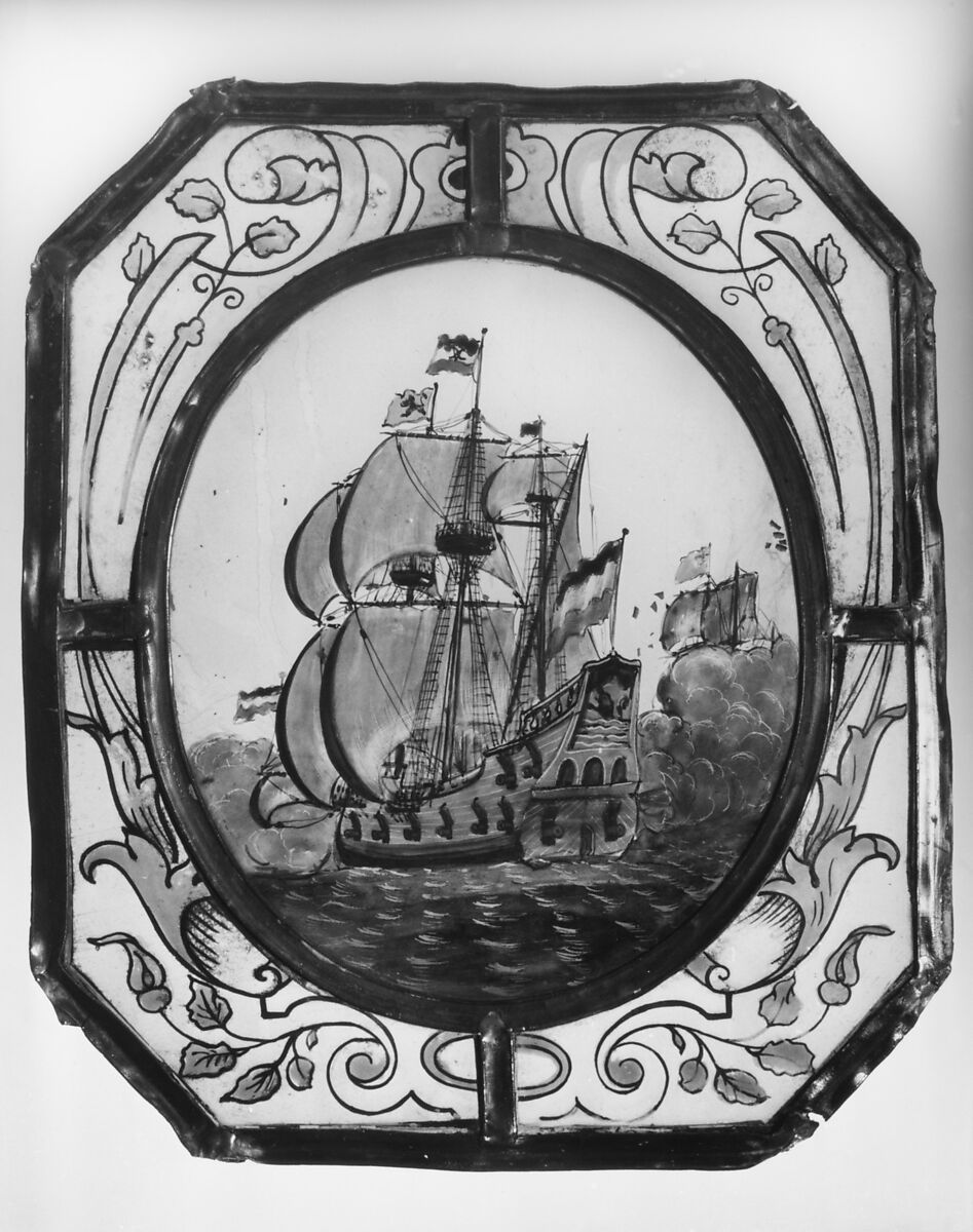 Battle with two warships, Stained glass, Dutch