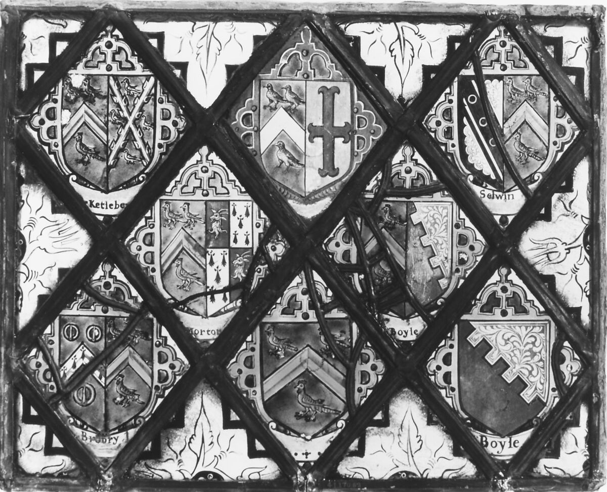 Eight heraldic quarries, Stained glass, British