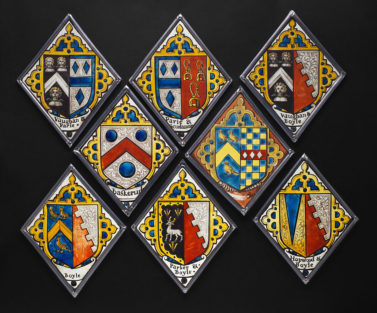 Eight heraldic quarries, Stained glass, British 