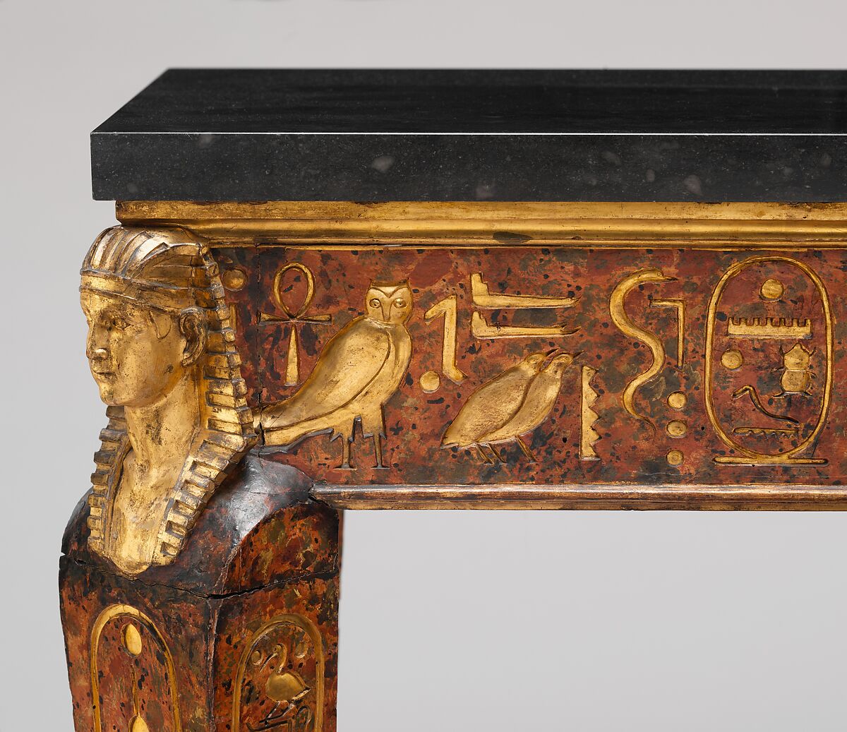Table, Wood, carved, painted, and partly gilded; black granite top not original to table, Italian, Rome