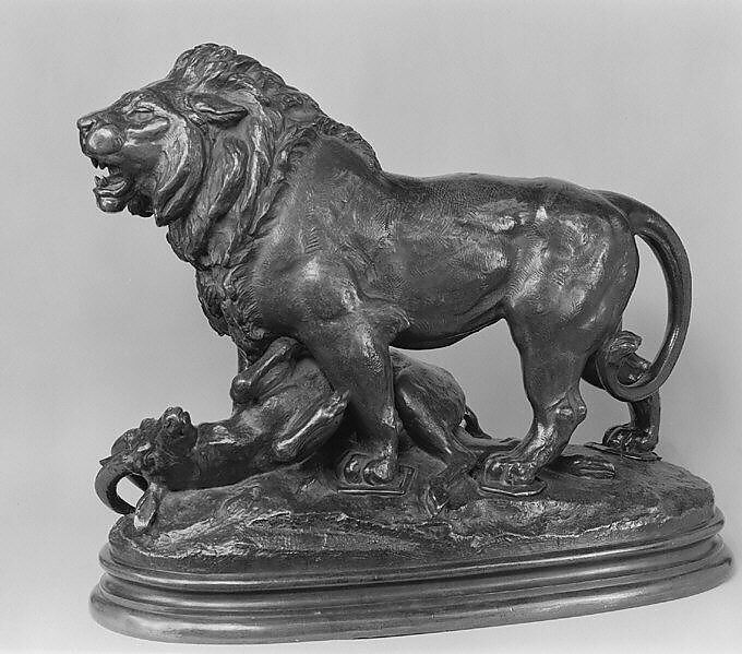 Lion with Antelope, Antoine-Louis Barye (French, Paris 1795–1875 Paris), Bronze, French 