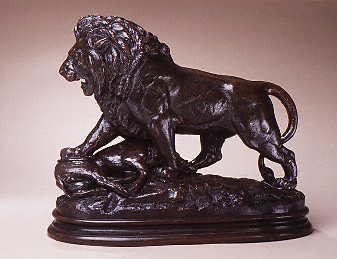 Lion with Boar, Antoine-Louis Barye (French, Paris 1795–1875 Paris), Bronze, French