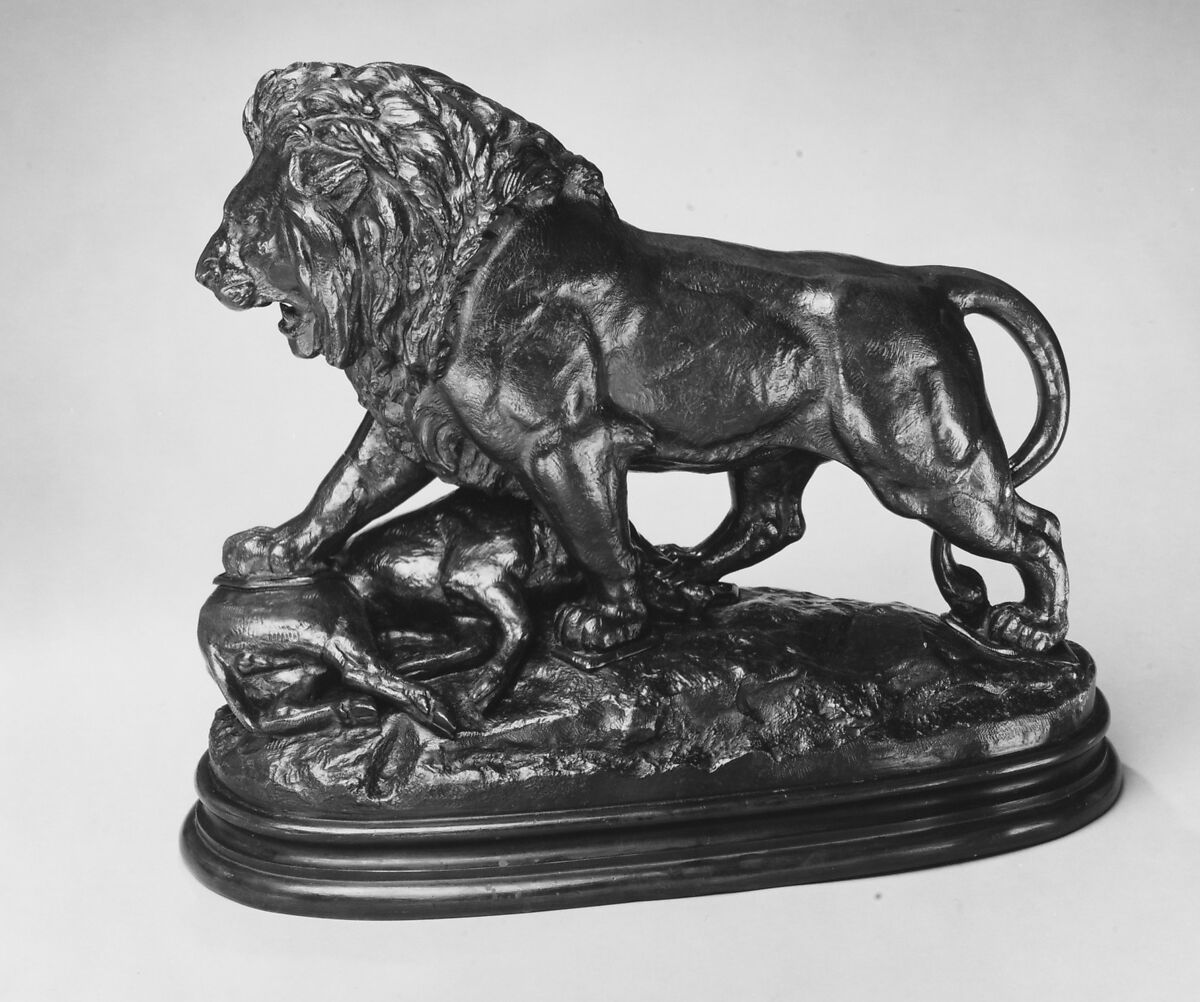 Lion with Boar, Antoine-Louis Barye (French, Paris 1795–1875 Paris), Bronze, French