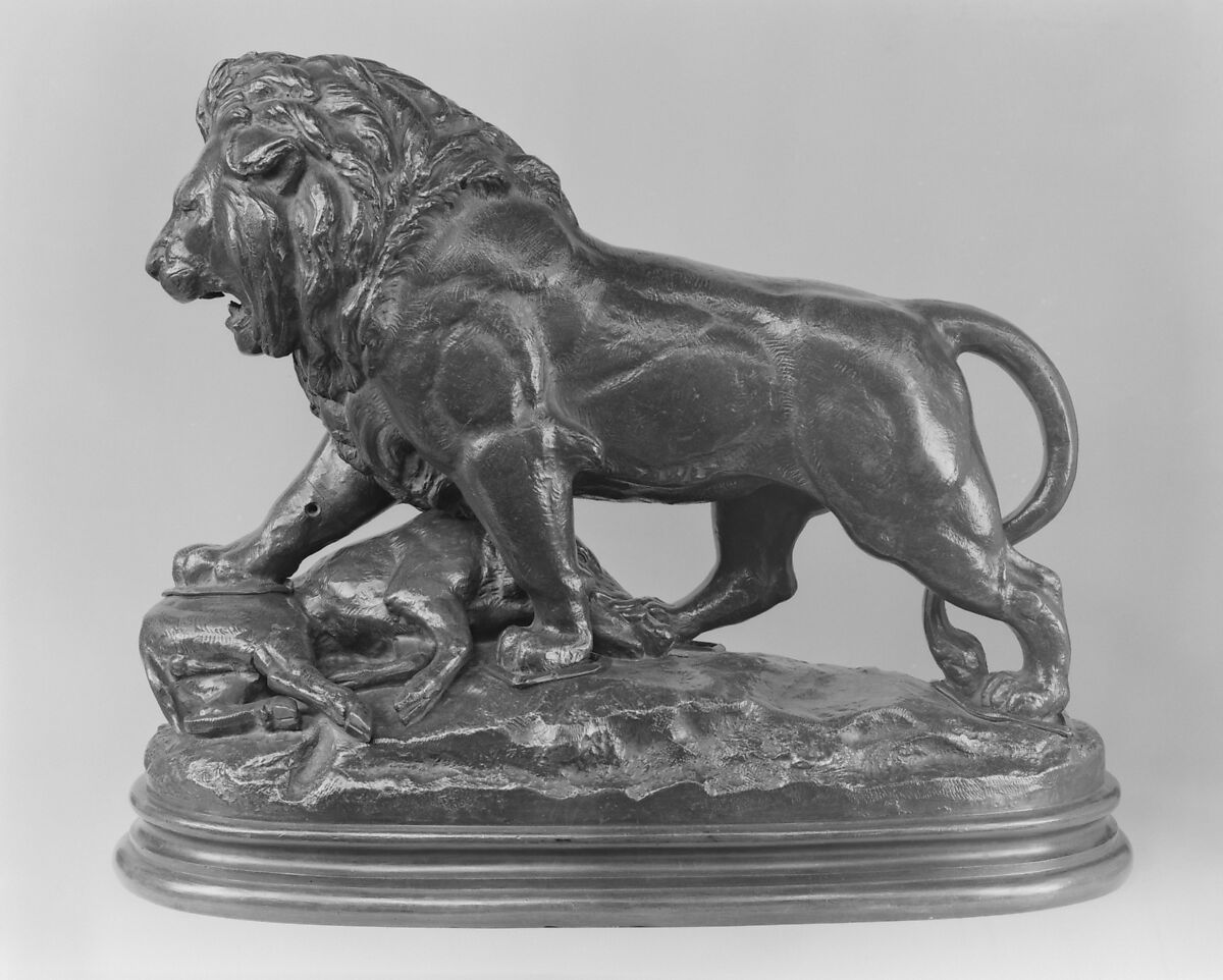 Lion with Boar, Antoine-Louis Barye (French, Paris 1795–1875 Paris), Bronze, French 