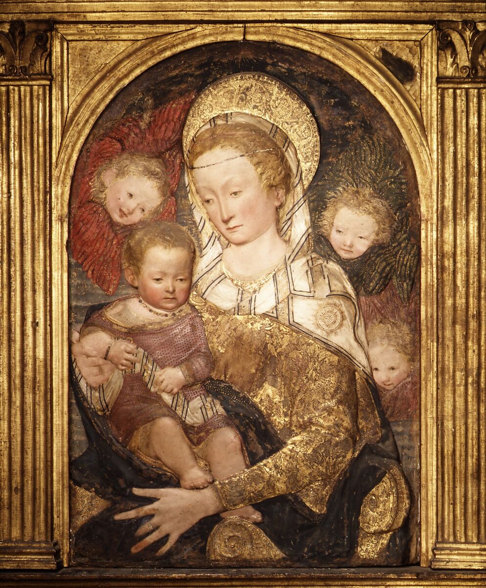 Madonna and Child with Angels, After a model by Antonio Rossellino (Italian, Settignano 1427–ca. 1479 Florence), Painted and gilt stucco; wood frame (not original to relief), Italian, Florence