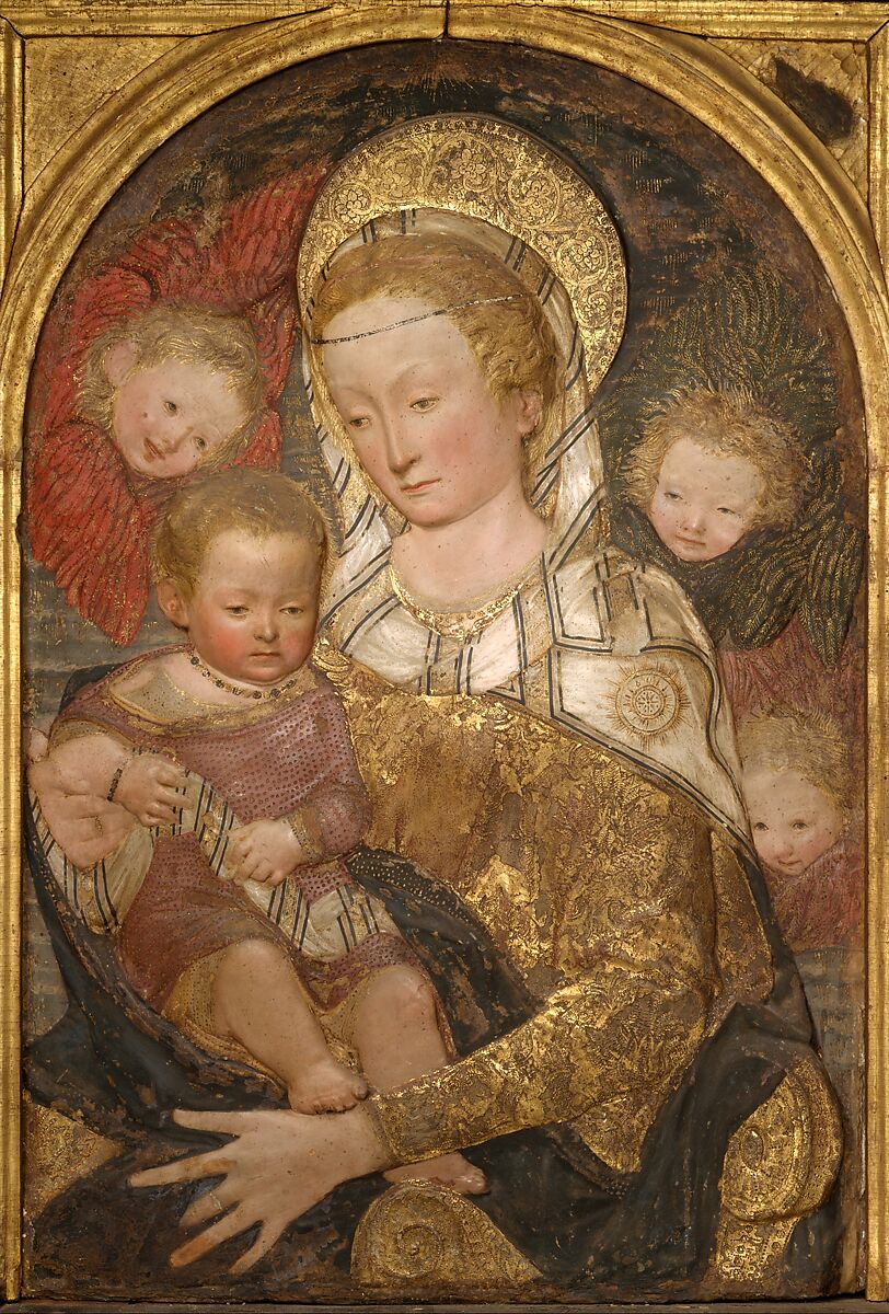 Madonna and Child with Angels, After a model by Antonio Rossellino (Italian, Settignano 1427–ca. 1479 Florence), Painted and gilt stucco; wood frame (not original to relief), Italian, Florence 