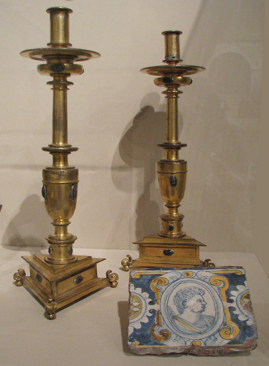 Pair of candlesticks, Gilt bronze, gilt brass, partially enameled silver, Spanish 
