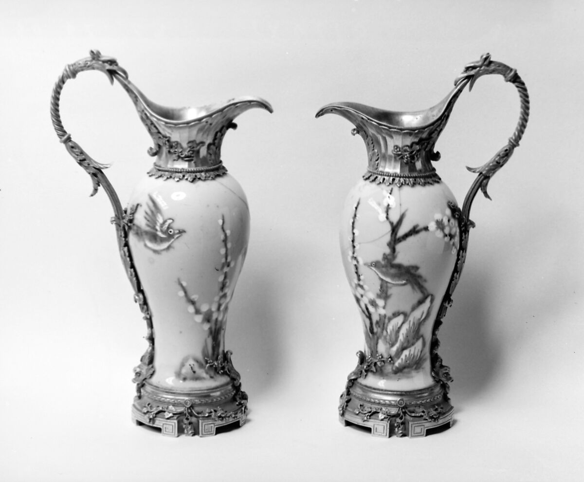 Pair of ewers, Gilt bronze, hard-paste porcelain, French 