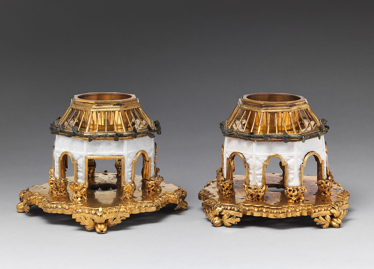 Pair of incense burners, Hard-paste porcelain, gilt-bronze mounts, Chinese with French mounts