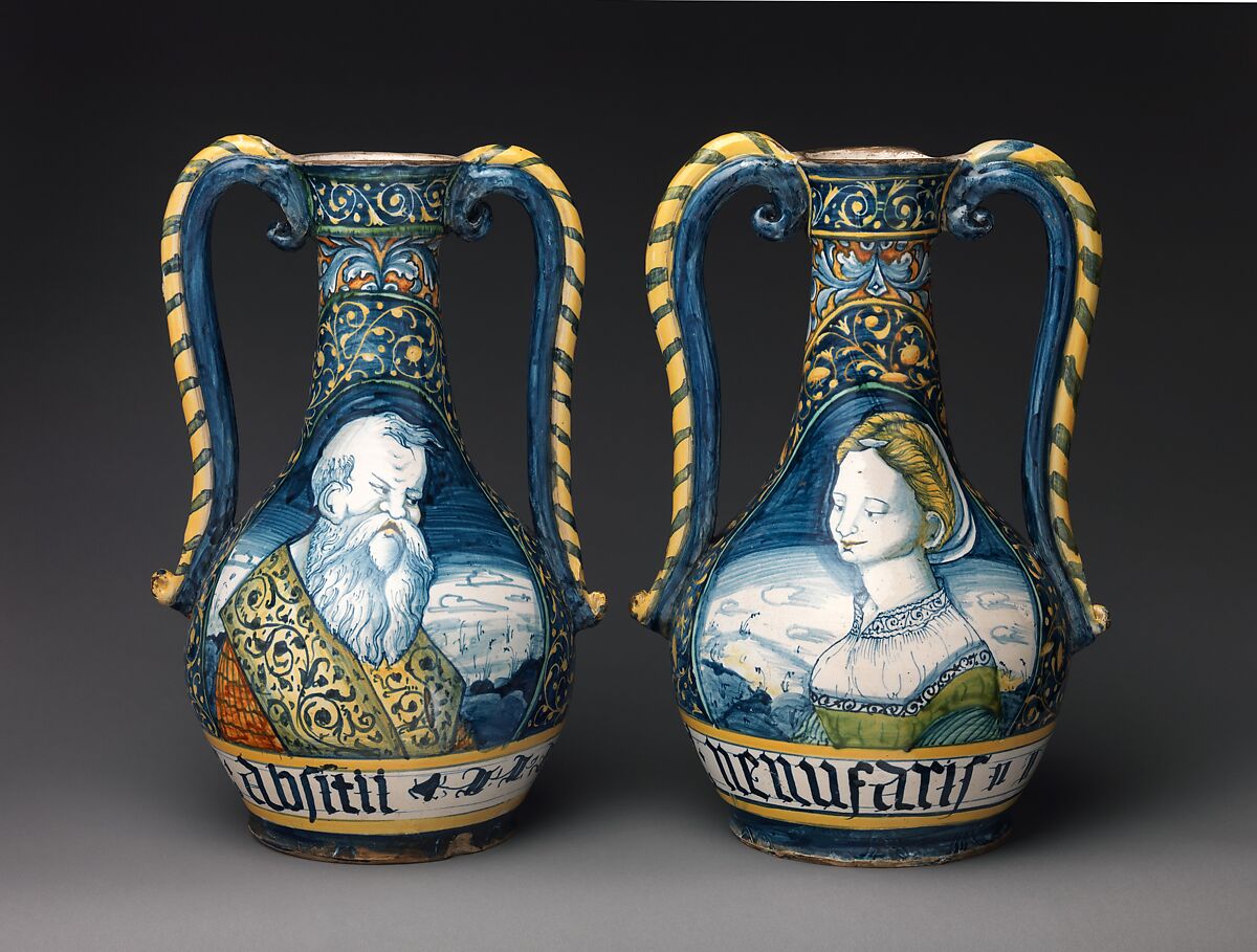 Pharmacy bottle (one of a pair), Workshop of Orazio Pompei (Italian, ca. 1516–1590/96), Maiolica (tin-glazed earthenware), Italian, Castelli