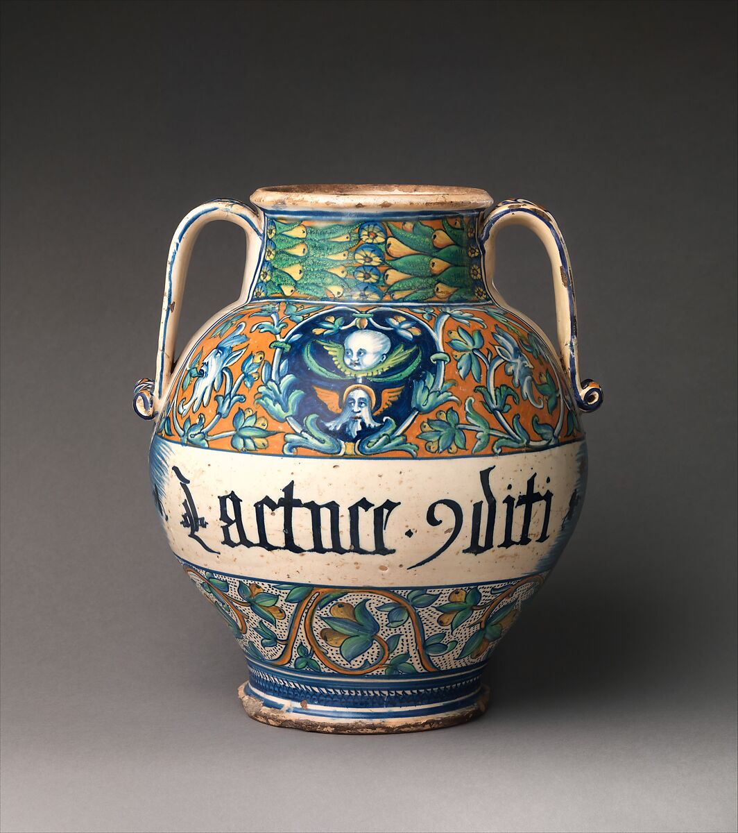 Storage or pharmacy jar, Maiolica (tin-glazed earthenware), Italian, perhaps Siena