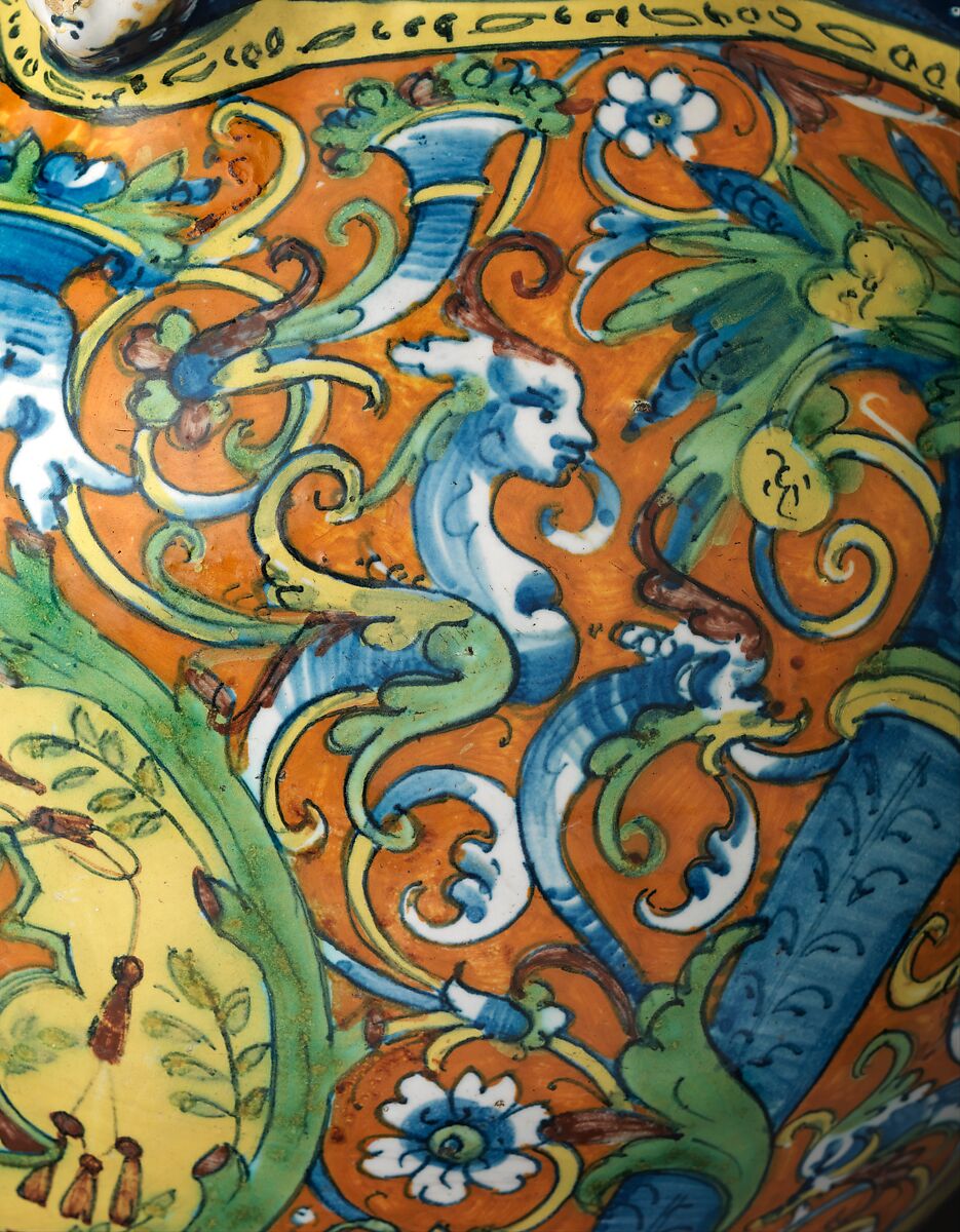 Double-spouted armorial ewer, LA Workshop (Italian, active Montelupo, ca. 1520–ca. 1660), Maiolica (tin-glazed earthenware), Italian, Montelupo