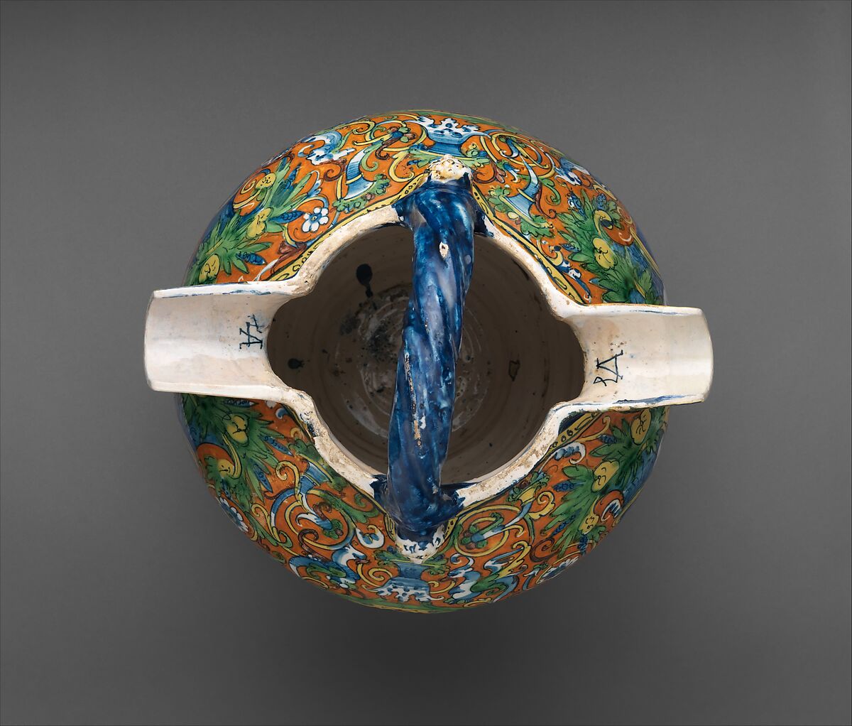 Double-spouted armorial ewer, LA Workshop (Italian, active Montelupo, ca. 1520–ca. 1660), Maiolica (tin-glazed earthenware), Italian, Montelupo