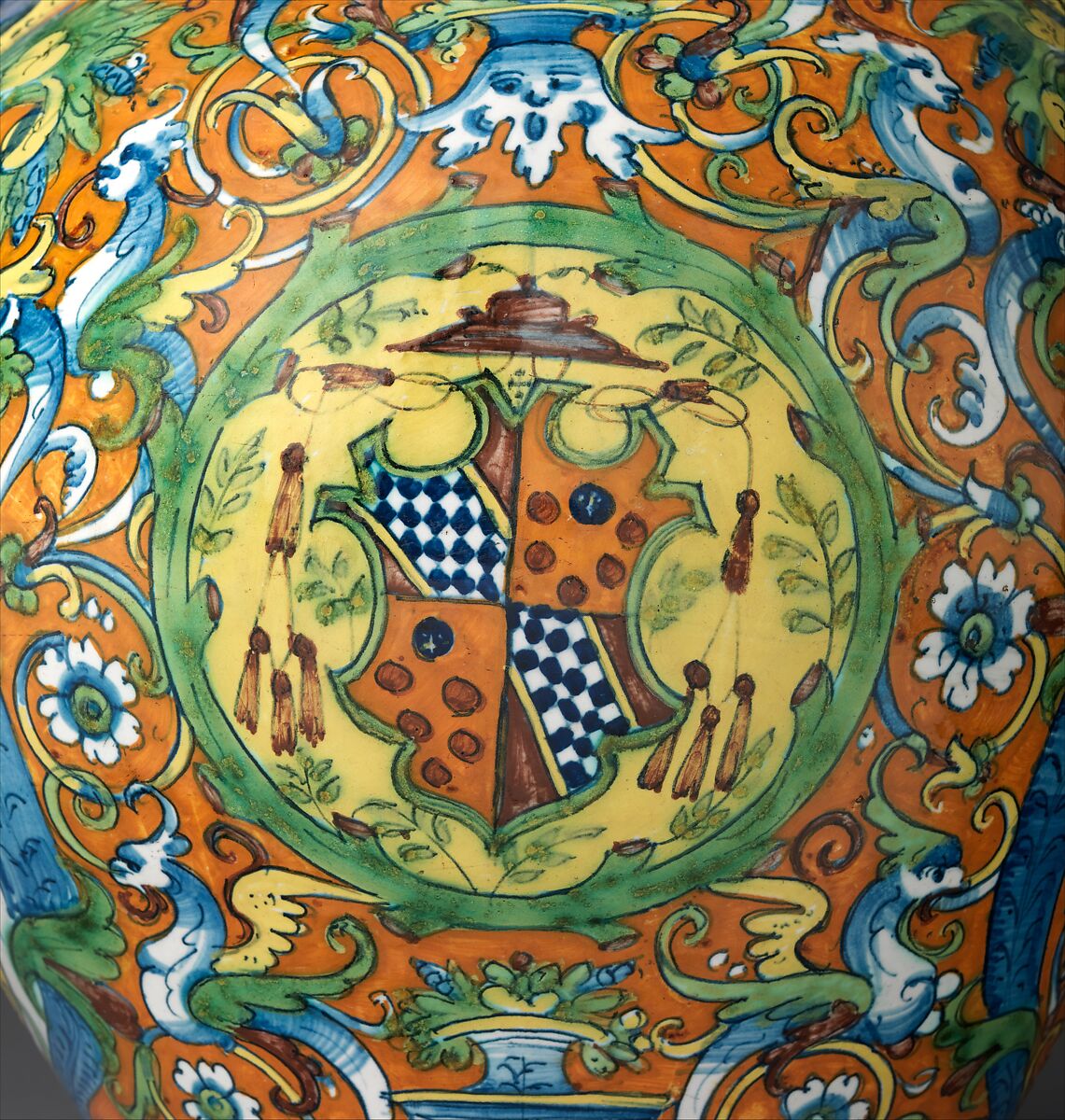 Double-spouted armorial ewer, LA Workshop (Italian, active Montelupo, ca. 1520–ca. 1660), Maiolica (tin-glazed earthenware), Italian, Montelupo