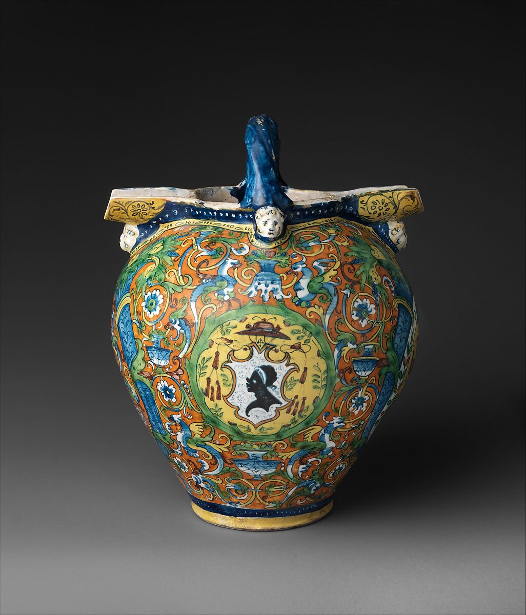 Double-spouted armorial ewer, LA Workshop (Italian, active Montelupo, ca. 1520–ca. 1660), Maiolica (tin-glazed earthenware), Italian, Montelupo 