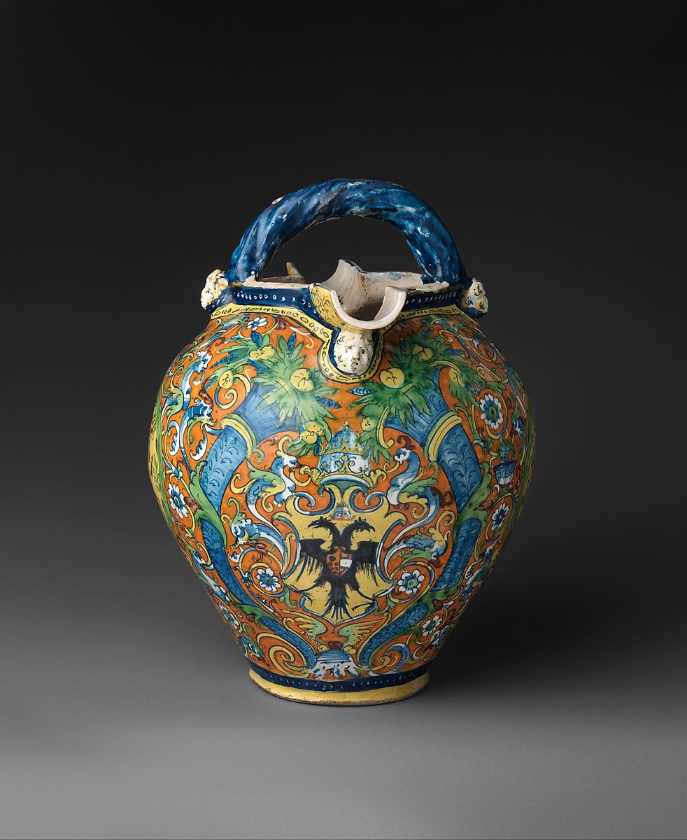 Double-spouted armorial ewer, LA Workshop (Italian, active Montelupo, ca. 1520–ca. 1660), Maiolica (tin-glazed earthenware), Italian, Montelupo