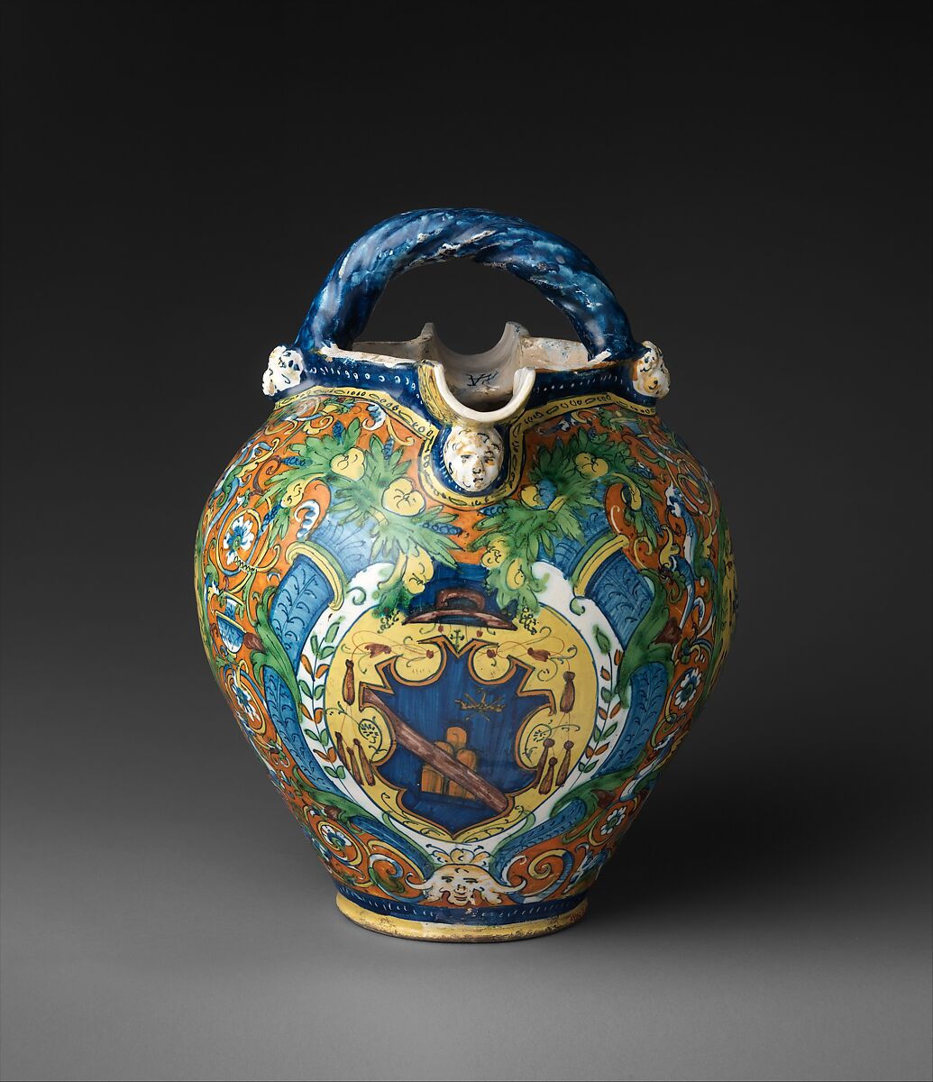 Double-spouted armorial ewer, LA Workshop (Italian, active Montelupo, ca. 1520–ca. 1660), Maiolica (tin-glazed earthenware), Italian, Montelupo