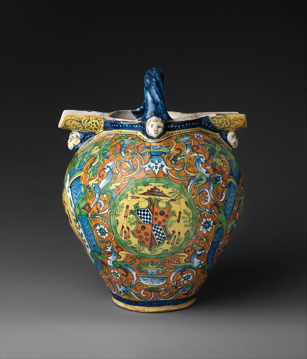 Double-spouted armorial ewer, LA Workshop (Italian, active Montelupo, ca. 1520–ca. 1660), Maiolica (tin-glazed earthenware), Italian, Montelupo