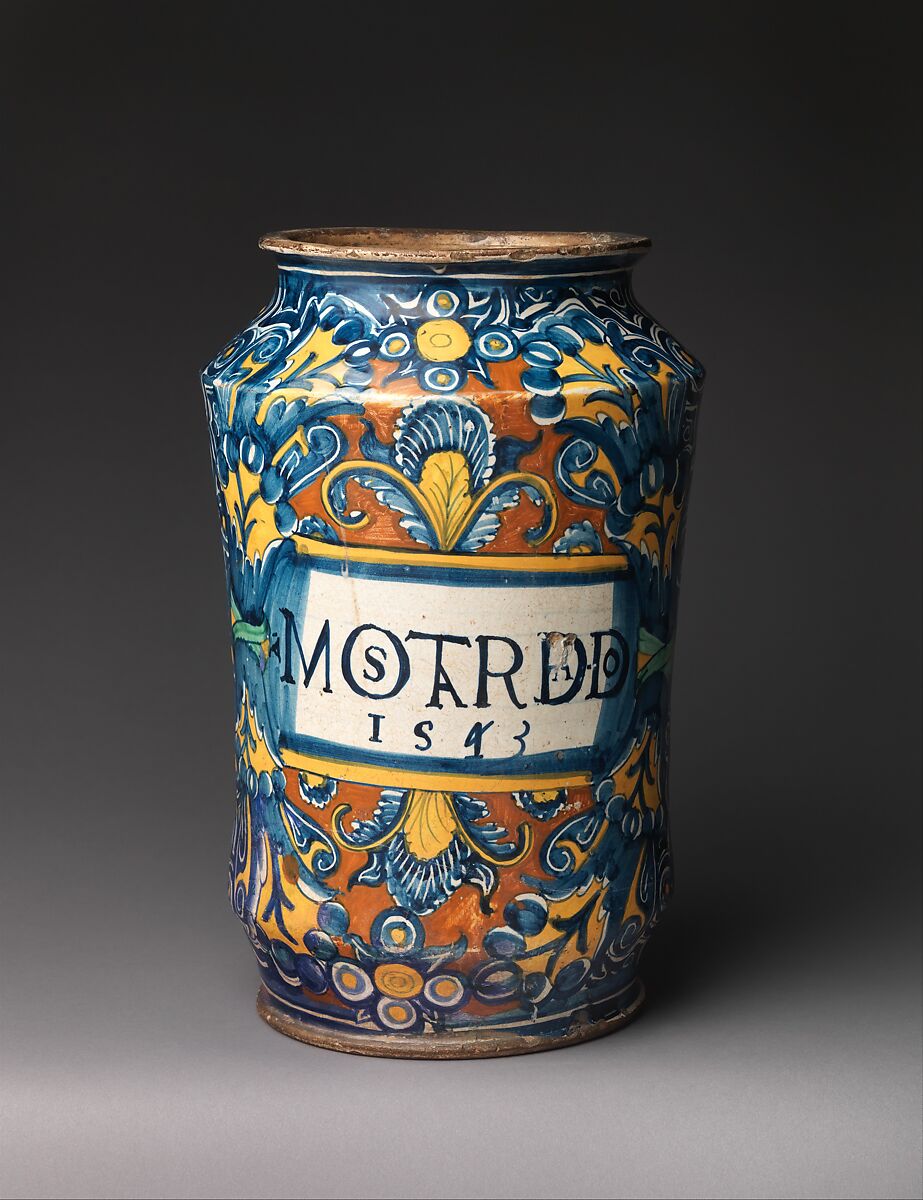 Storage jar (albarello) for mostarda, Maiolica (tin-glazed earthenware), Italian 
