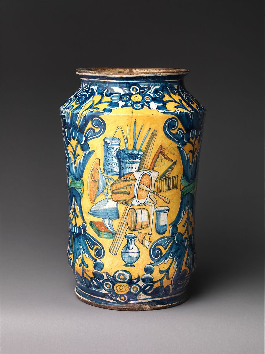 Storage jar (albarello) for mostarda, Maiolica (tin-glazed earthenware), Italian