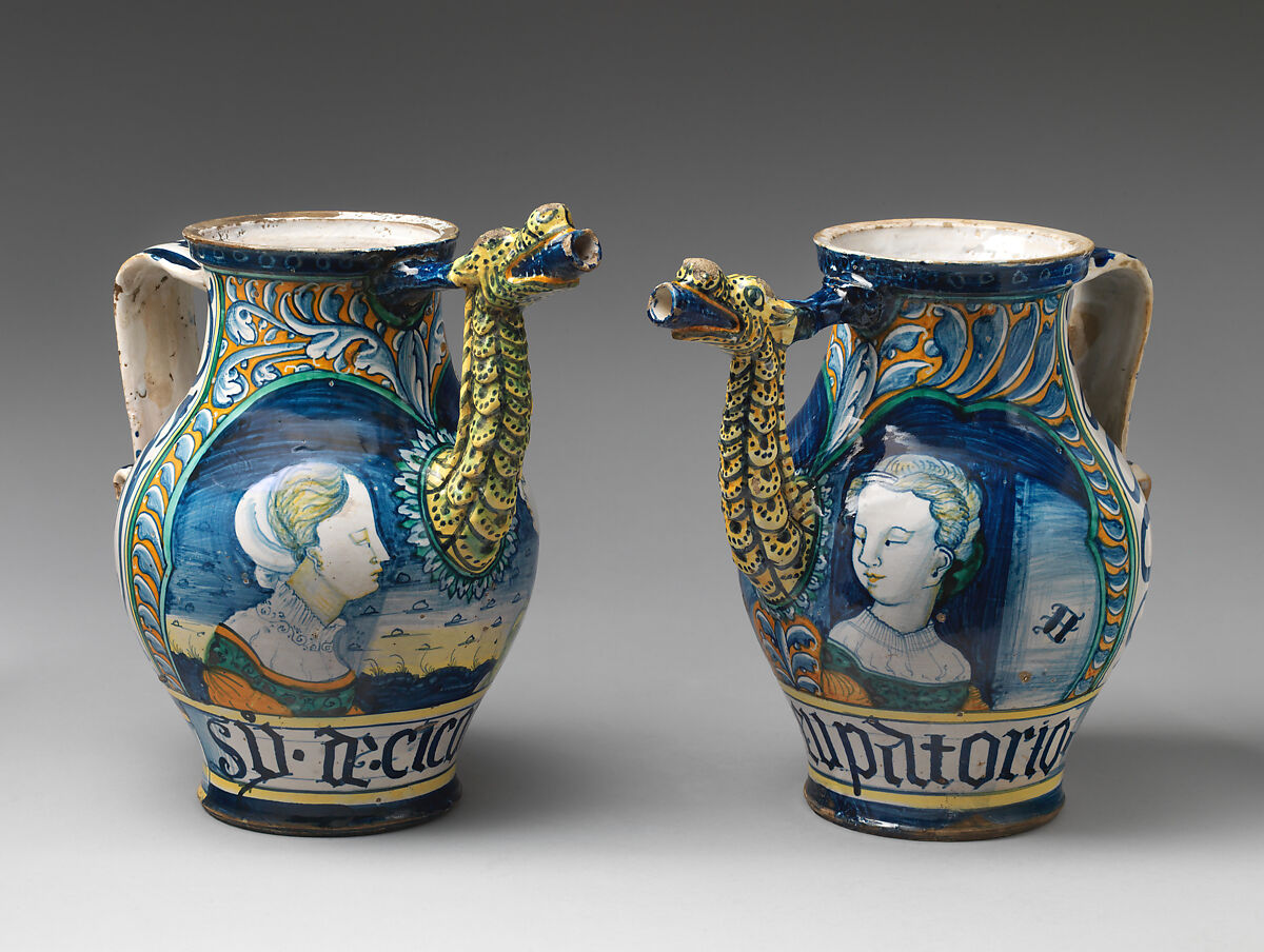 Drug pot (one of a pair), Workshop of Orazio Pompei (Italian, ca. 1516–1590/96), Maiolica (tin-glazed earthenware), Italian, Castelli