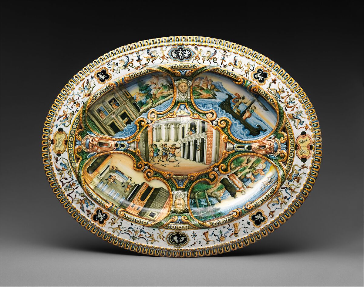 Oval basin or dish with subject from Amadis of Gaul, Workshop of Orazio Fontana (Italian, Urbino, ca. 1510–1576), Maiolica (tin-glazed earthenware), Italian, Urbino or possibly Turin 